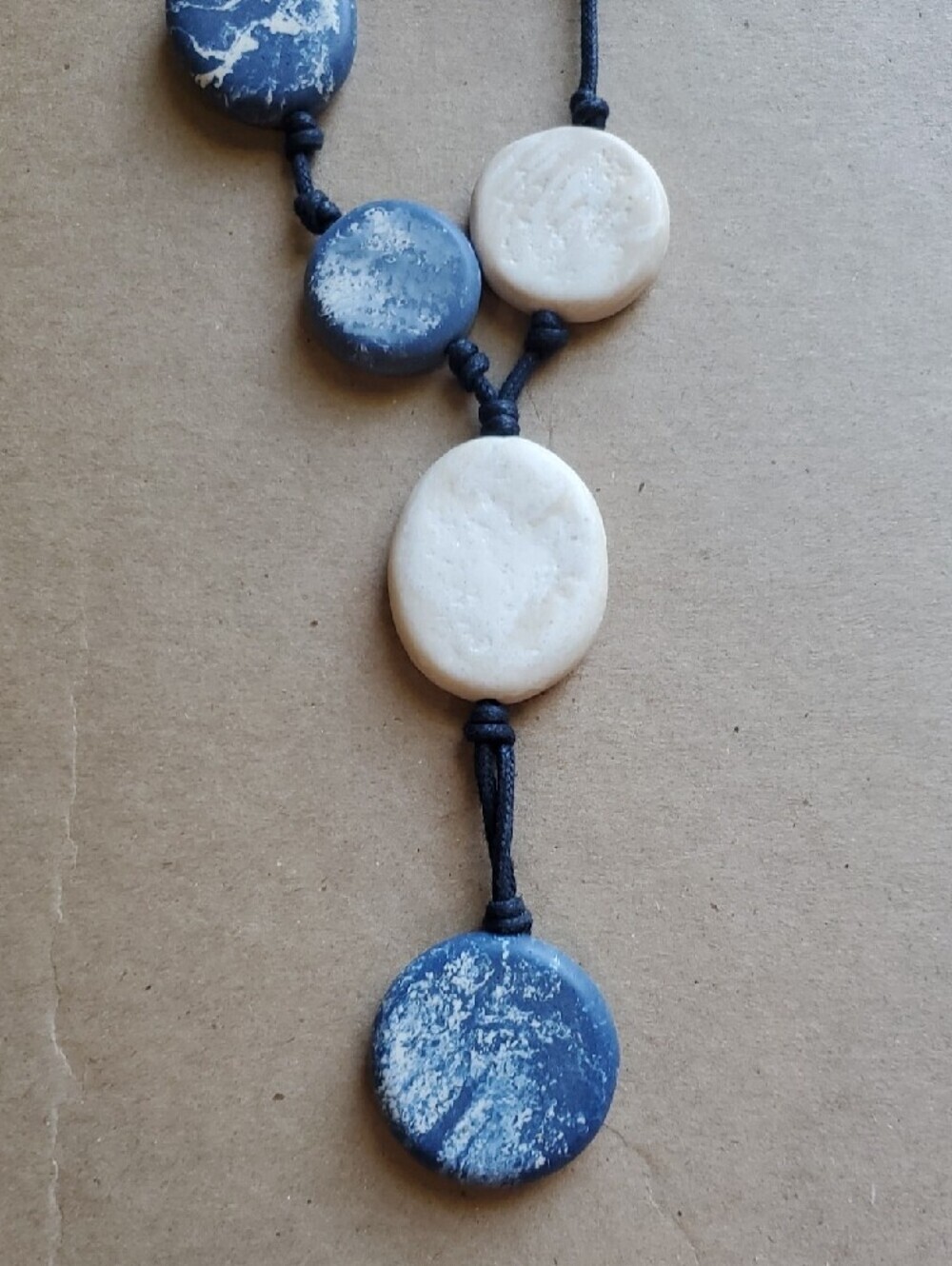 Handmade Navy Blue and Cream Disc Pendant Necklace - Picture 3 of 9